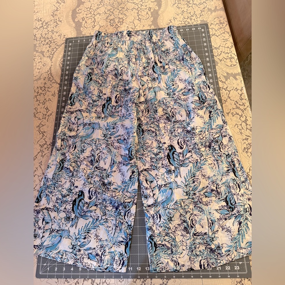 Tahari Linen Cropped Wide Leg Pants in Blue Bird Print Size Medium M